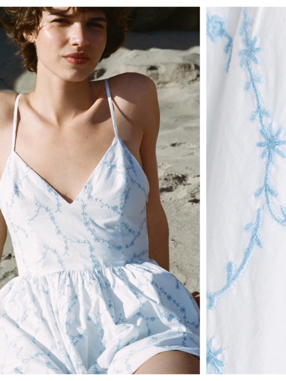 NWT. Zara White/Blue Embroidered Floral Print Mini Dress. Size S. - Picture 3 of 14
